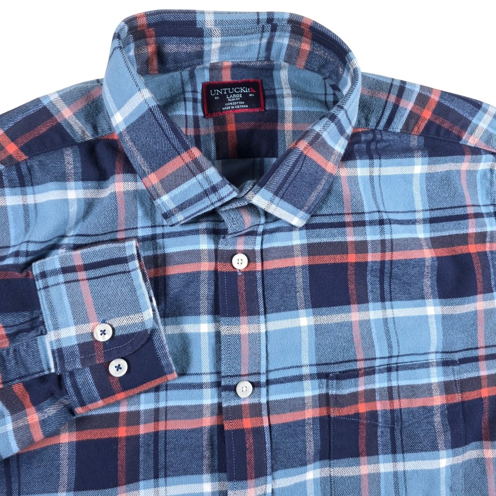 UNTUCKit Walsh Men's Large Slim Fit Blue Red Plaid Cotton Flannel Shirt